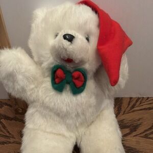 White Bear Plush 8" Christmas Hat Red Green Bowtie‎ Sasco Stuffed Animal